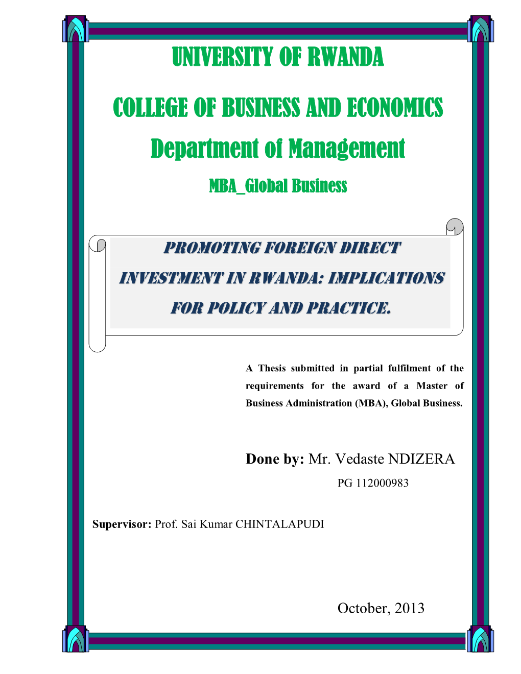 UNIVERSITY of RWANDA COLLEGE of BUSINESS and ECONOMICS Department of Management