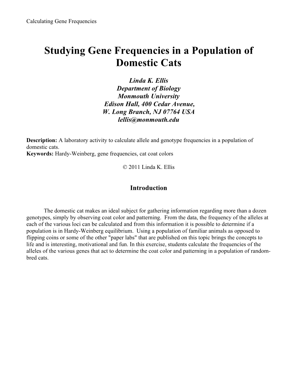 Studying Gene Frequencies in a Population of Domestic Cats