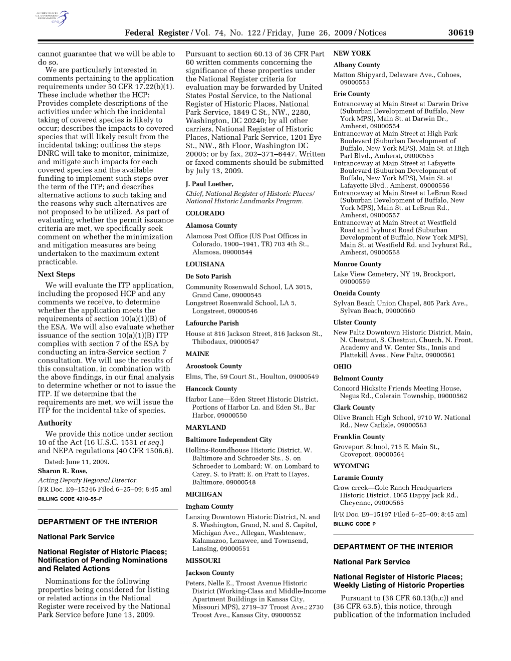 Federal Register/Vol. 74, No. 122/Friday, June 26, 2009/Notices