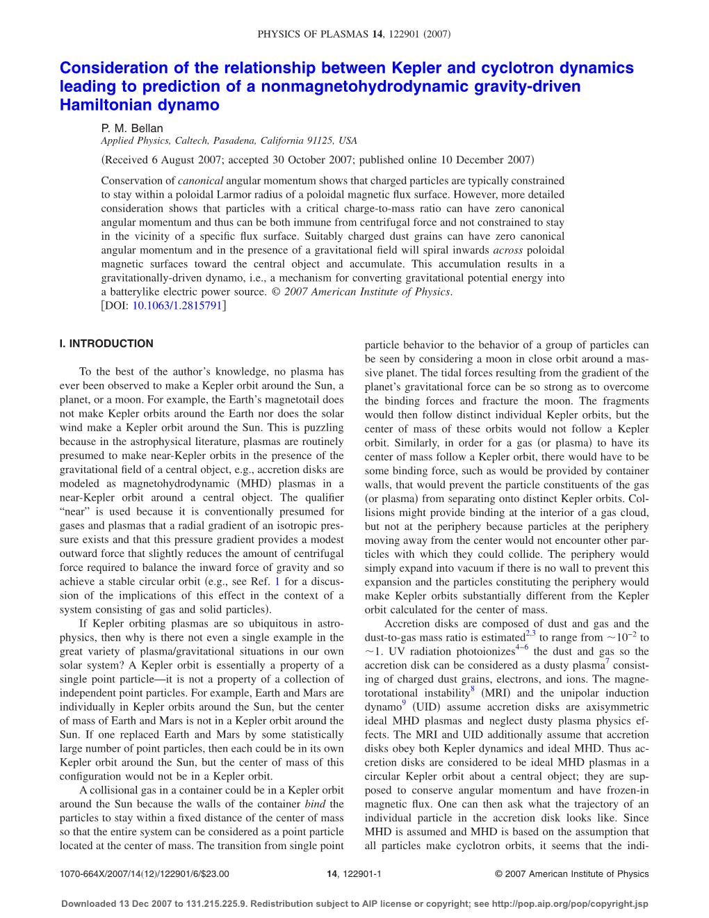 Consideration of the Relationship Between Kepler and Cyclotron Dynamics Leading to Prediction of a Nonmagnetohydrodynamic Gravity-Driven Hamiltonian Dynamo P