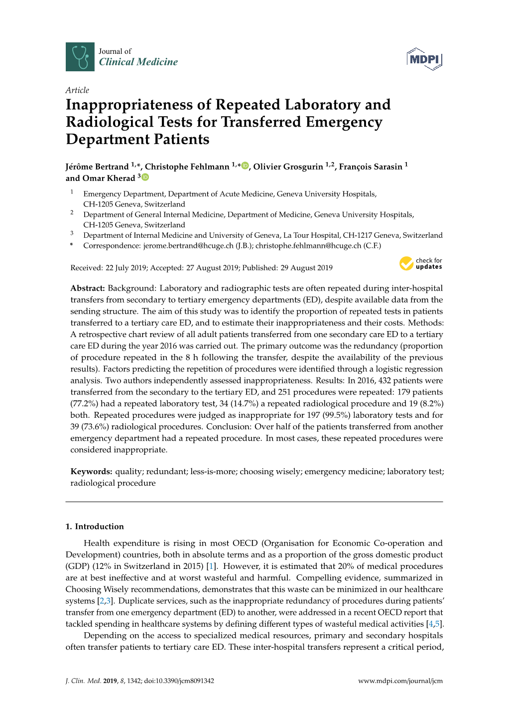 Inappropriateness of Repeated Laboratory and Radiological Tests for Transferred Emergency Department Patients
