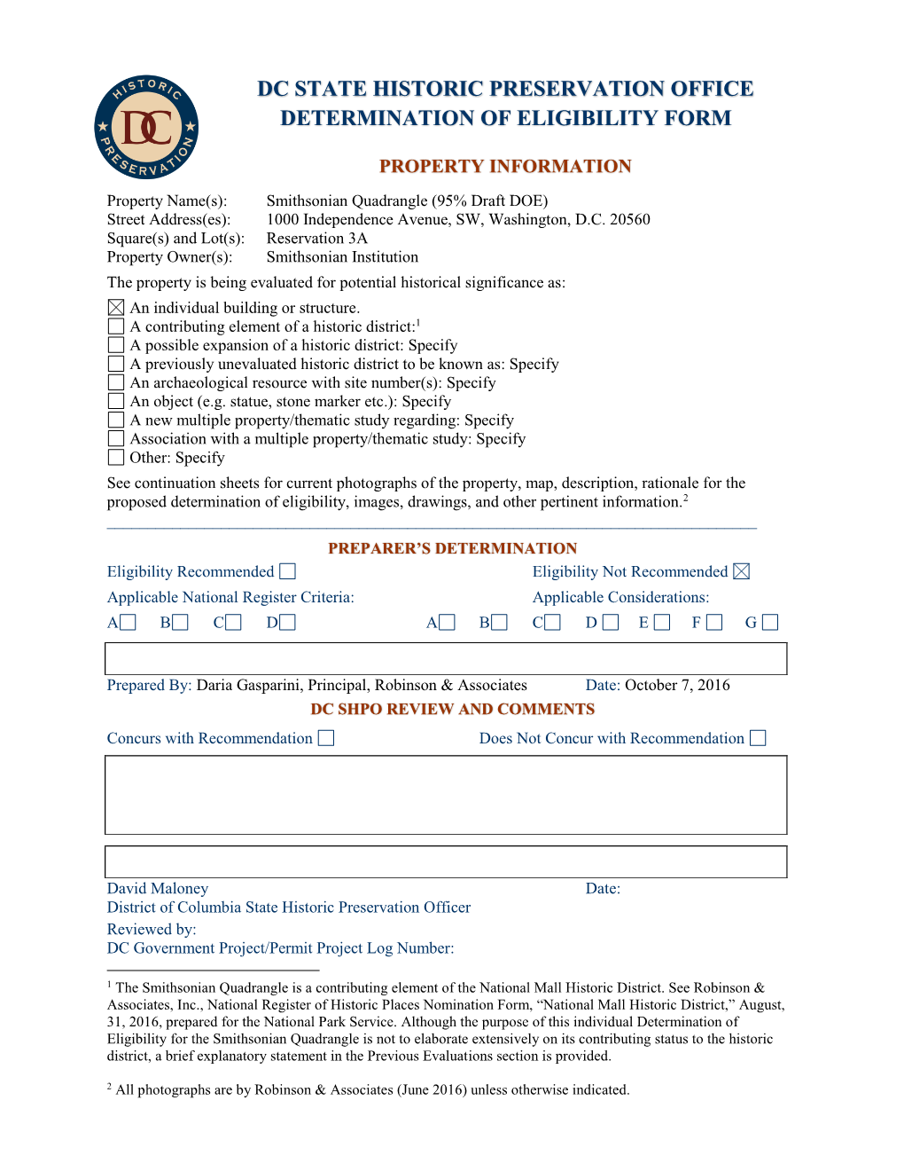 Dc State Historic Preservation Office Determination of Eligibility Form