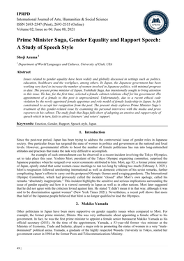 Prime Minister Suga, Gender Equality and Rapport Speech: a Study of Speech Style