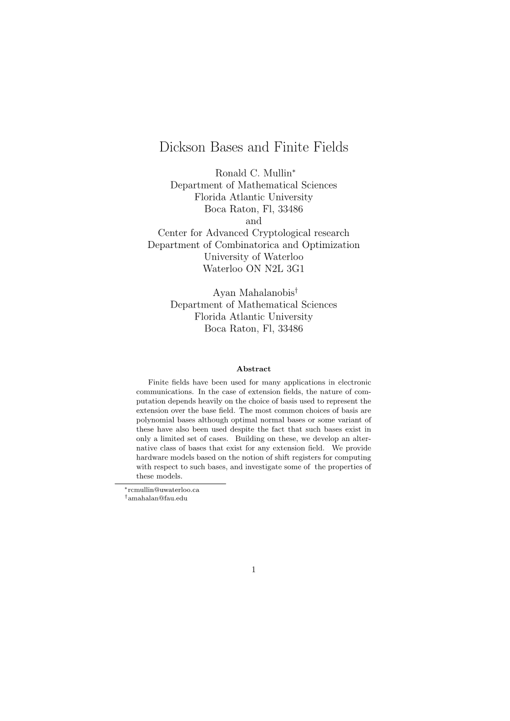 Dickson Bases and Finite Fields