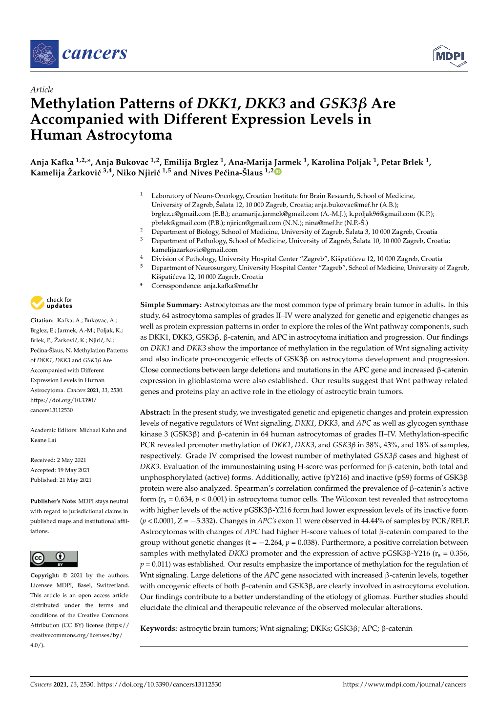 Methylation Patterns of DKK1, DKK3 and Gsk3p Are