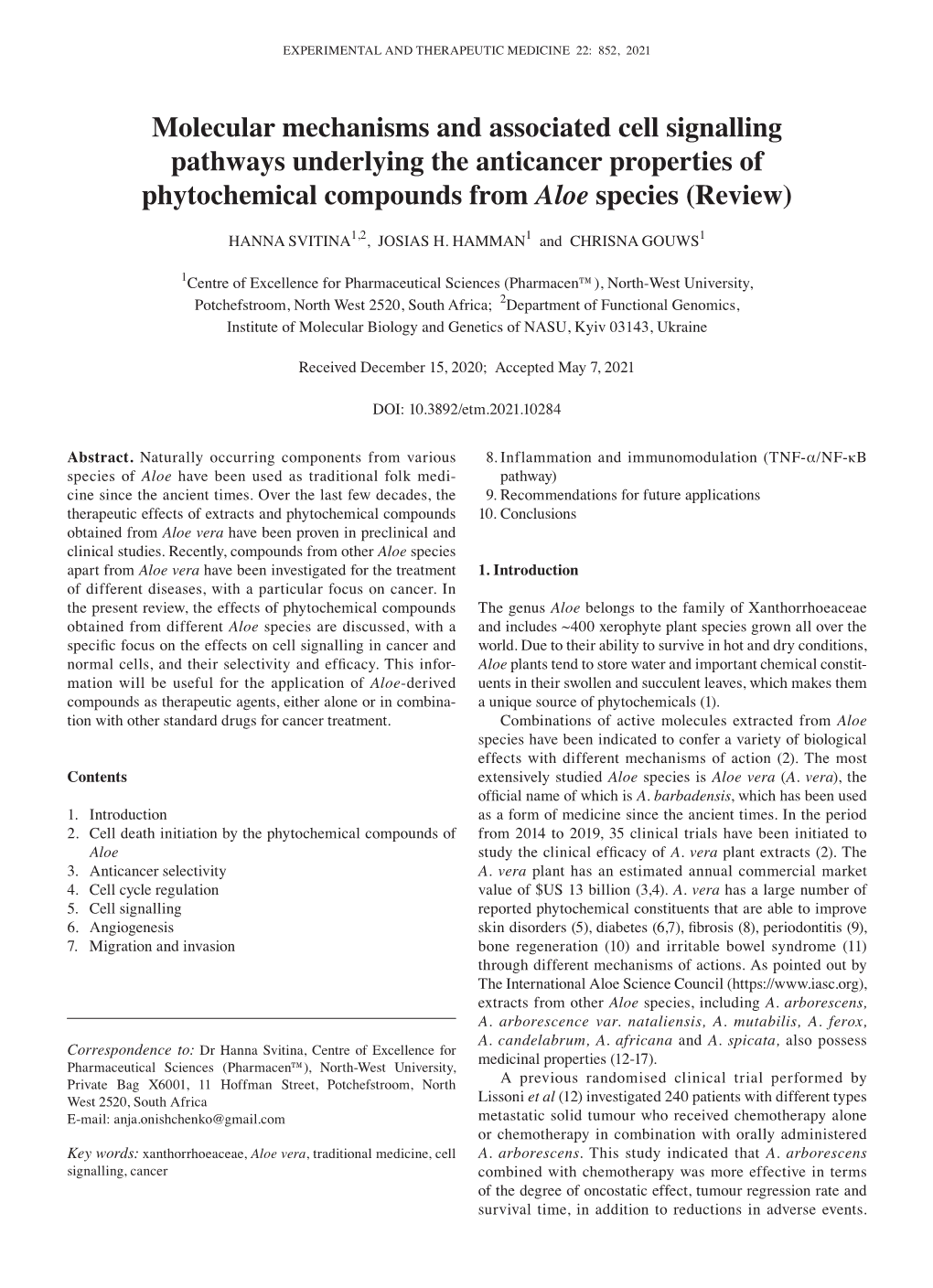 Molecular Mechanisms and Associated Cell Signalling Pathways Underlying the Anticancer Properties of Phytochemical Compounds from Aloe Species (Review)