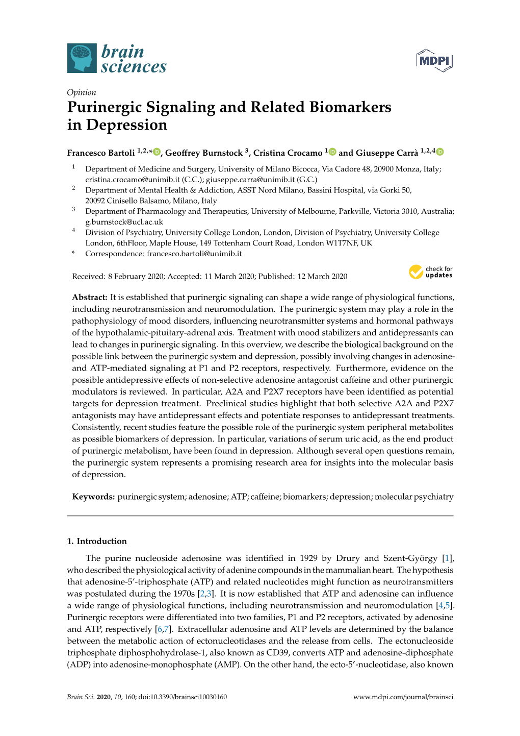 Purinergic Signaling and Related Biomarkers in Depression