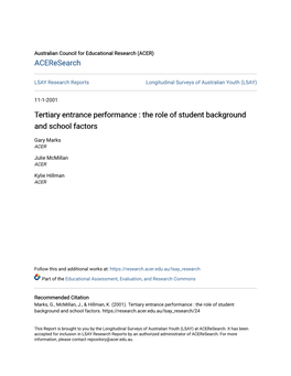 Tertiary Entrance Performance : the Role of Student Background and School Factors