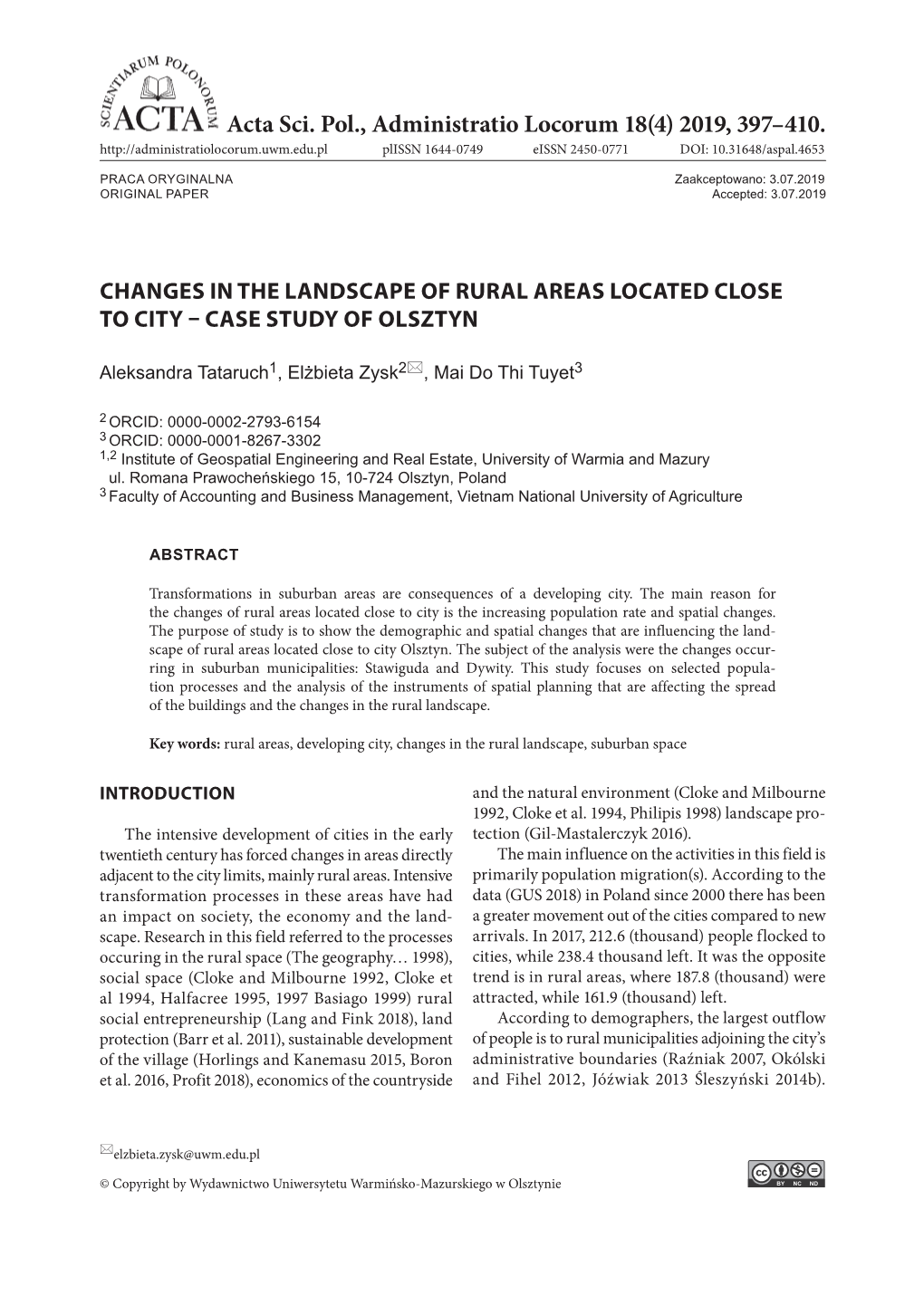 Acta Sci. Pol., Administratio Locorum 18(4) 2019, 397–410. Plissn 1644-0749 Eissn 2450-0771 DOI: 10.31648/Aspal.4653