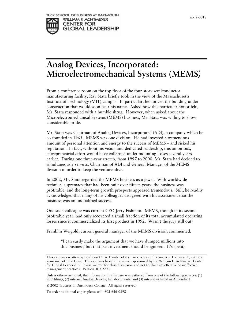 Analog Devices, Incorporated: Microelectromechanical Systems (MEMS)
