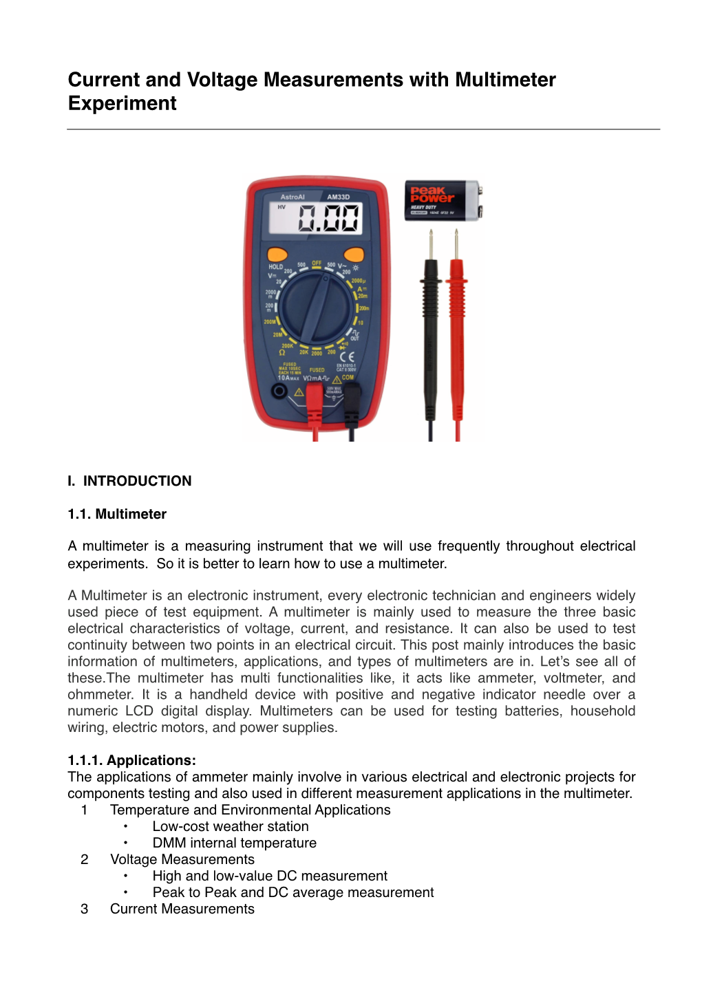 Current and Voltage Measurements with Multimeter Experiment