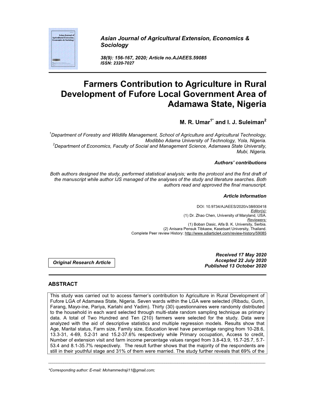 Farmers Contribution to Agriculture in Rural Development of Fufore Local Government Area of Adamawa State, Nigeria