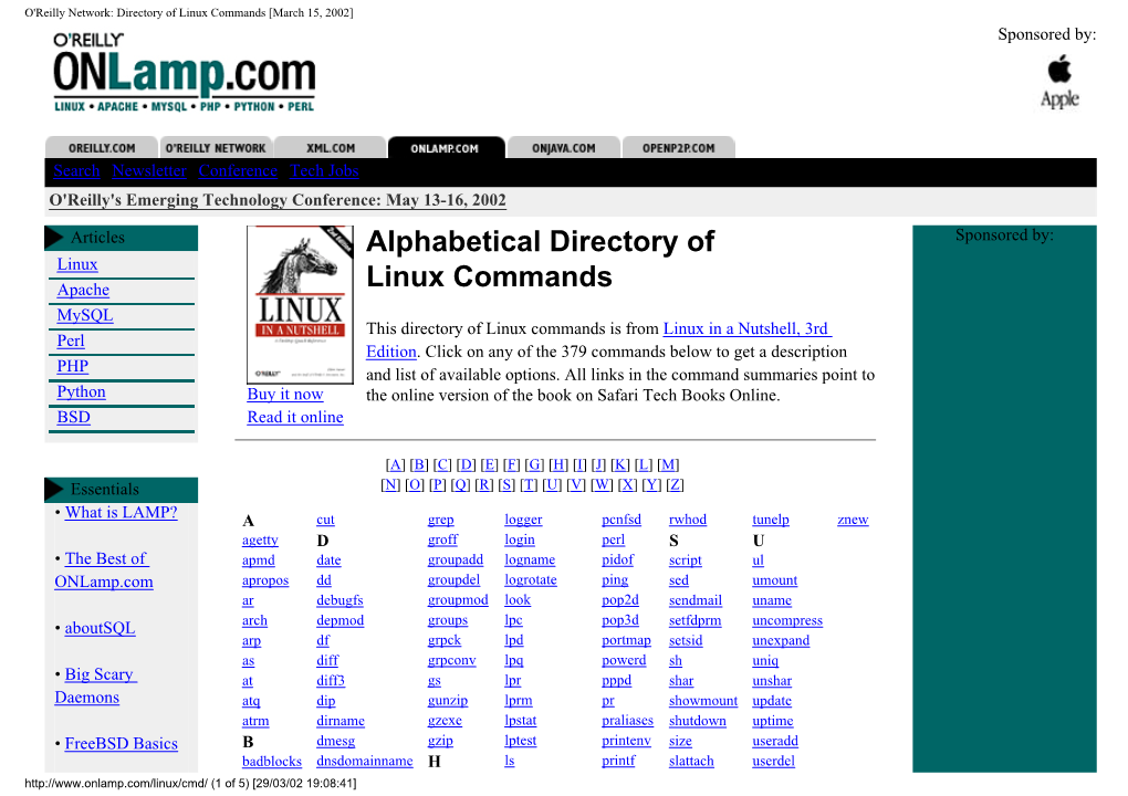 O'reilly Network: Directory of Linux Commands [March 15, 2002] Sponsored By