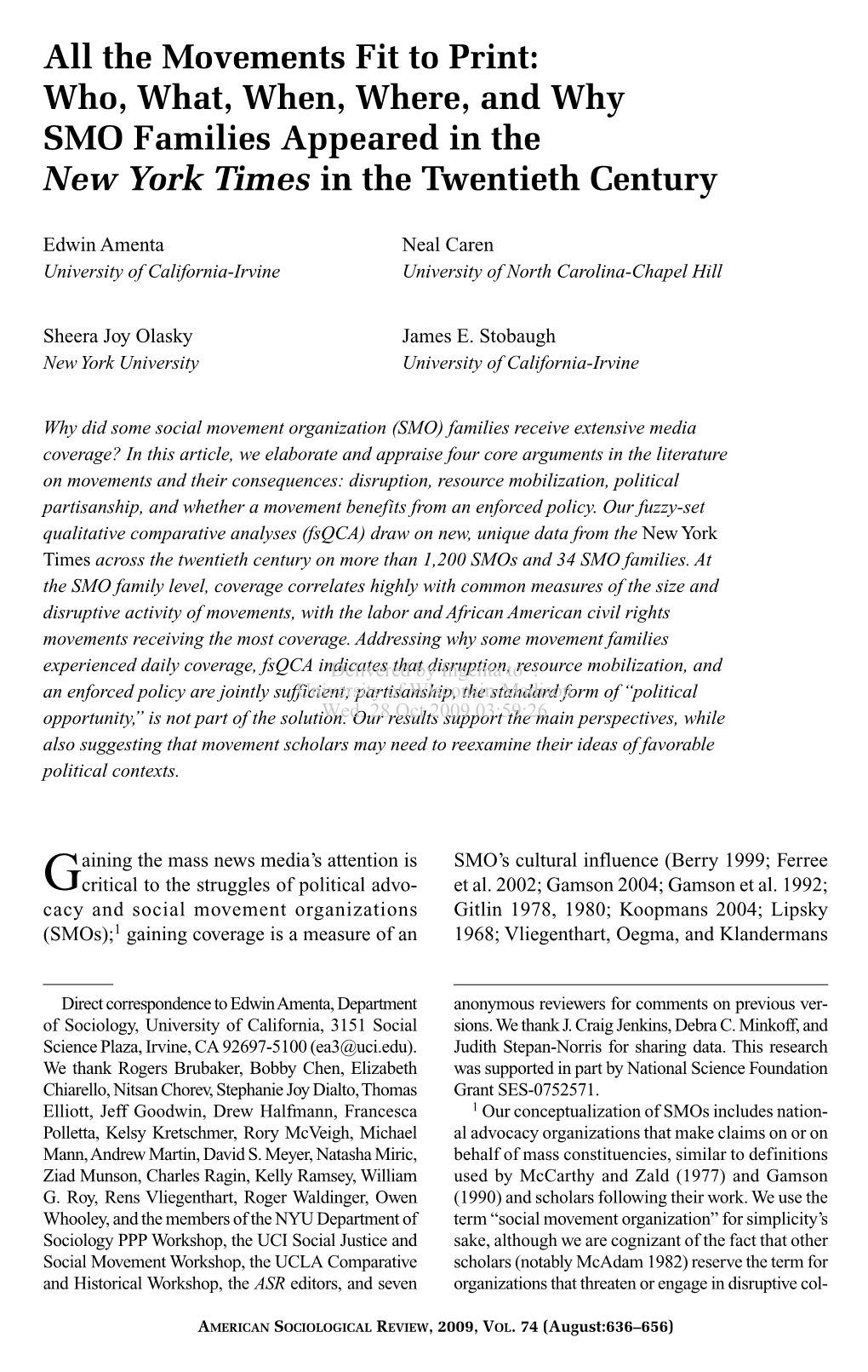 The Movements Fit to Print: Who, What, When, Where, and Why SMO Families Appeared in the New York Times in the Twentieth Century