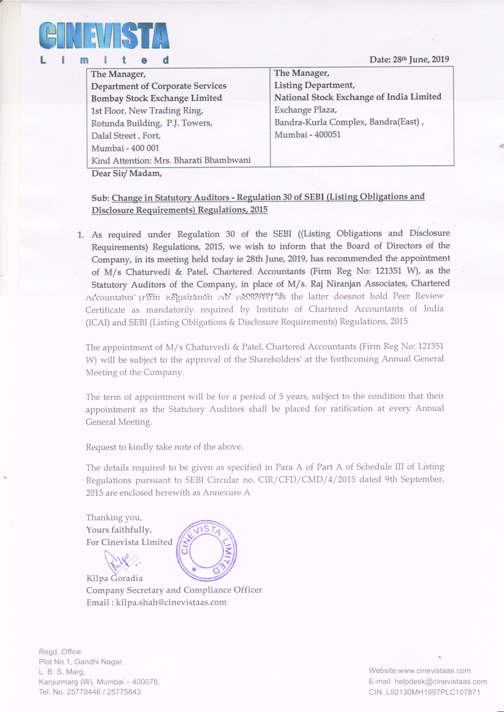 ICAI) and SEBI (Listing Obligations & Disclosure Requirements) Regulations, 2015