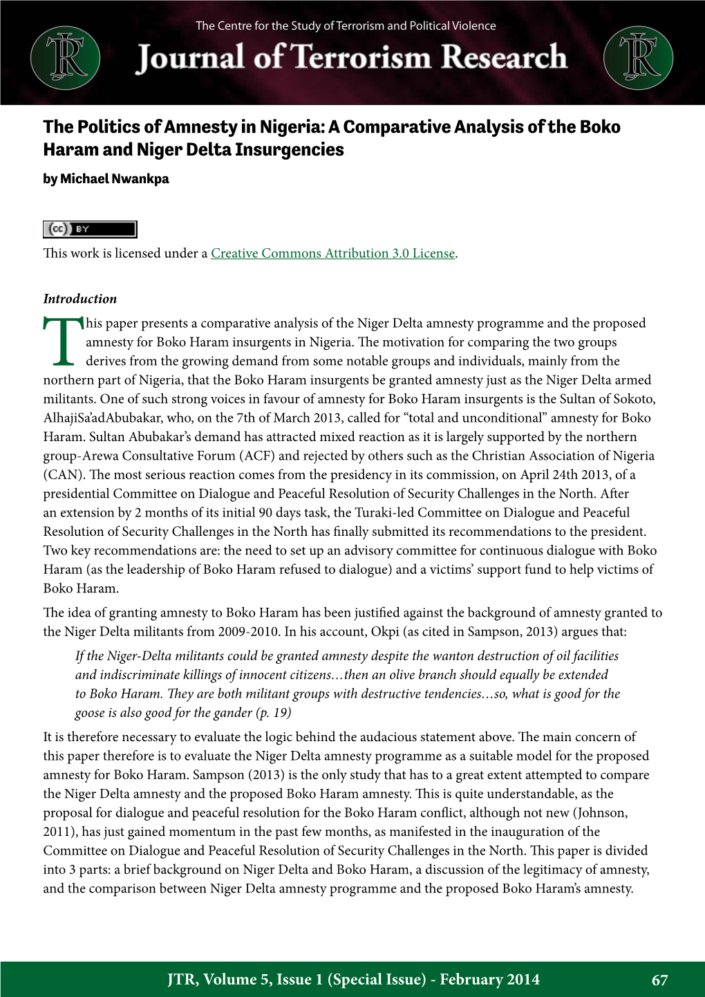 The Politics of Amnesty in Nigeria: a Comparative Analysis of the Boko Haram and Niger Delta Insurgencies by Michael Nwankpa