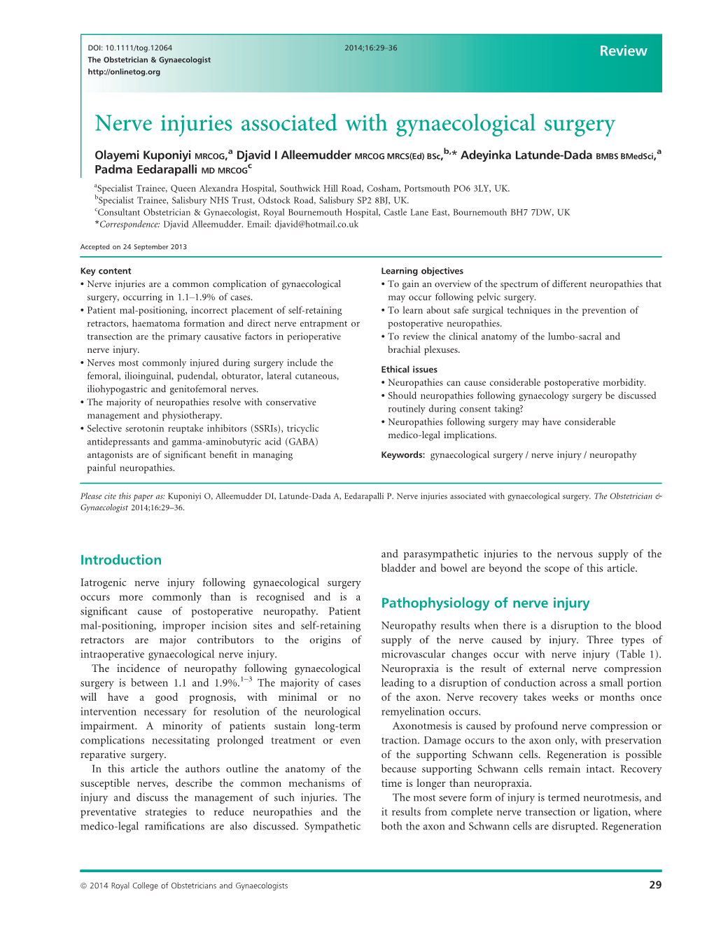 Nerve Injuries Associated with Gynaecological Surgery