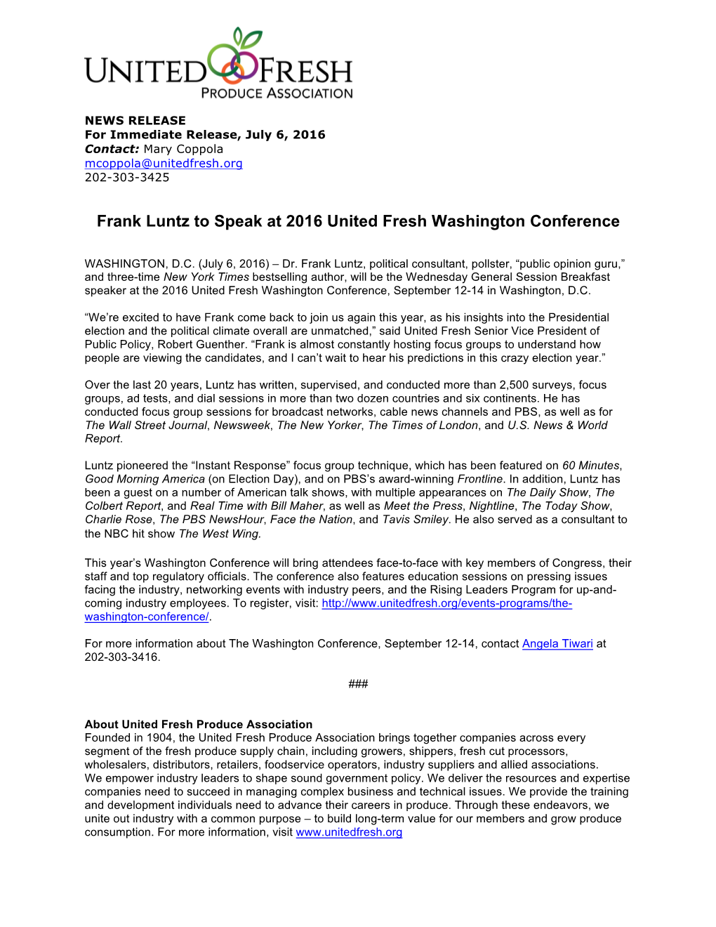 Frank Luntz to Speak at 2016 United Fresh Washington Conference