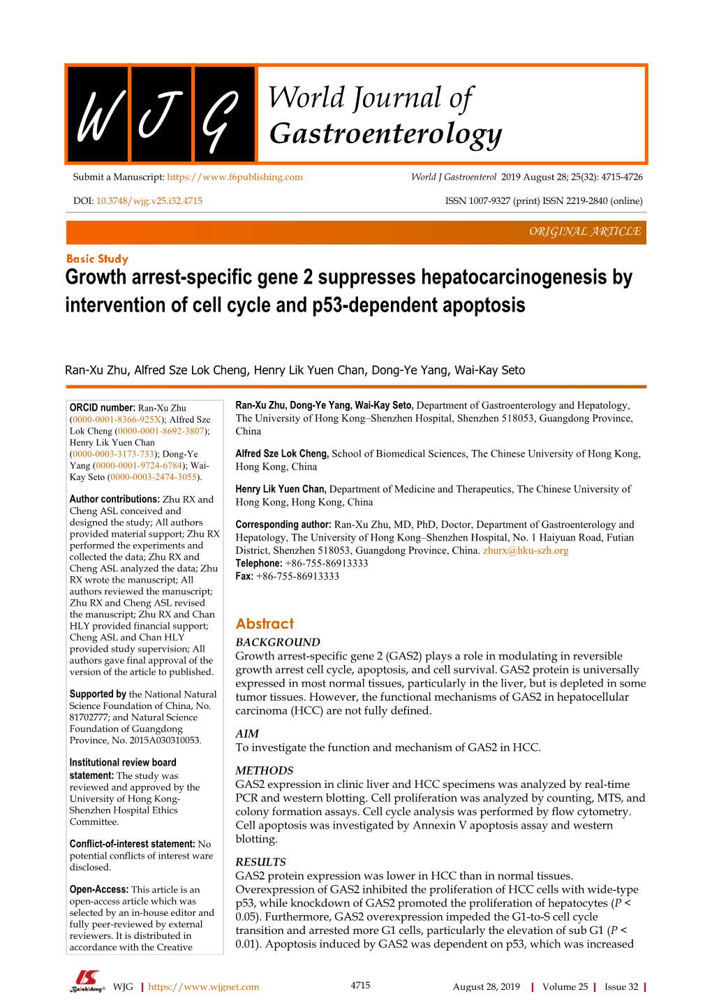 Growth Arrest-Specific Gene 2 Suppresses Hepatocarcinogenesis by Intervention of Cell Cycle and P53-Dependent Apoptosis