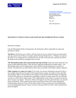 Special Letter to Victims of Serious Sexual Assault and Rape Attending the Havens, London