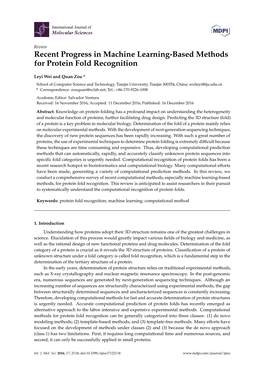 Recent Progress in Machine Learning-Based Methods for Protein Fold Recognition