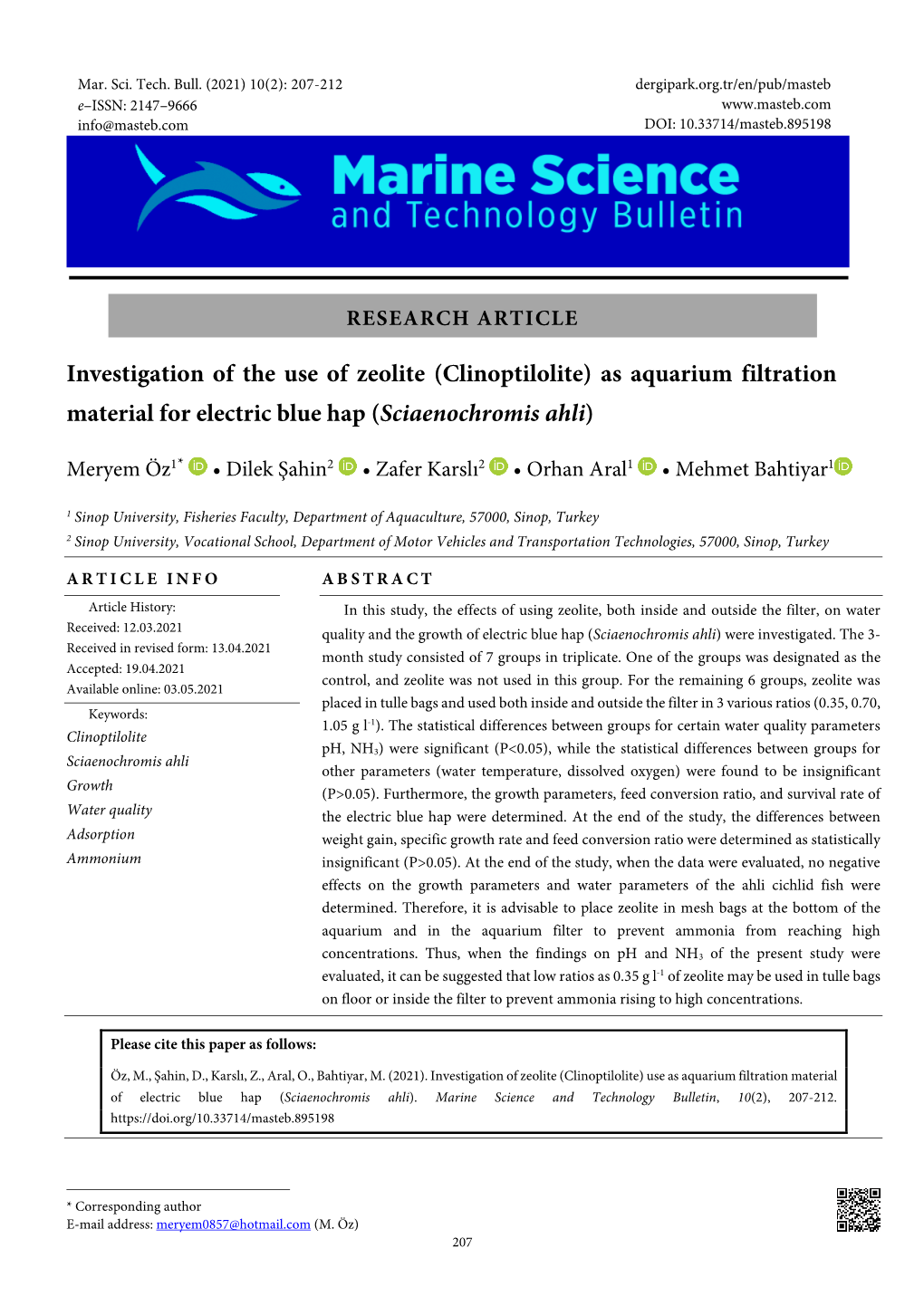 Clinoptilolite) As Aquarium Filtration Material for Electric Blue Hap (Sciaenochromis Ahli