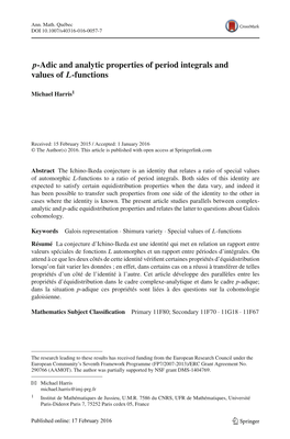 P-Adic and Analytic Properties of Period Integrals and Values of L-Functions