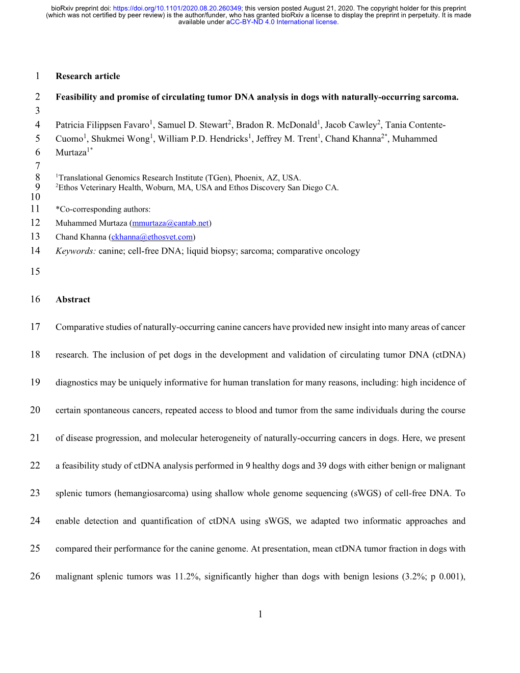 Feasibility and Promise of Circulating Tumor DNA Analysis in Dogs with Naturally-Occurring Sarcoma