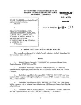 Denise Campbell , Et Al. V. Immunosyn Corporation, Et Al. 09-CV-00197-Class Action Complaint and Jury Demand