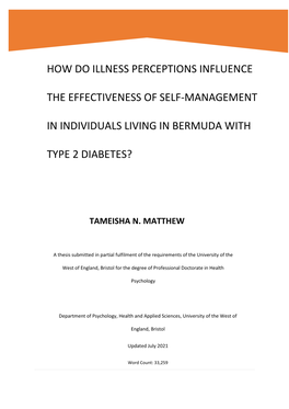 How Do Illness Perceptions Influence the Effectiveness of Self- Management in Individuals Living in Bermuda with Type 2 Diabetes (T2D)
