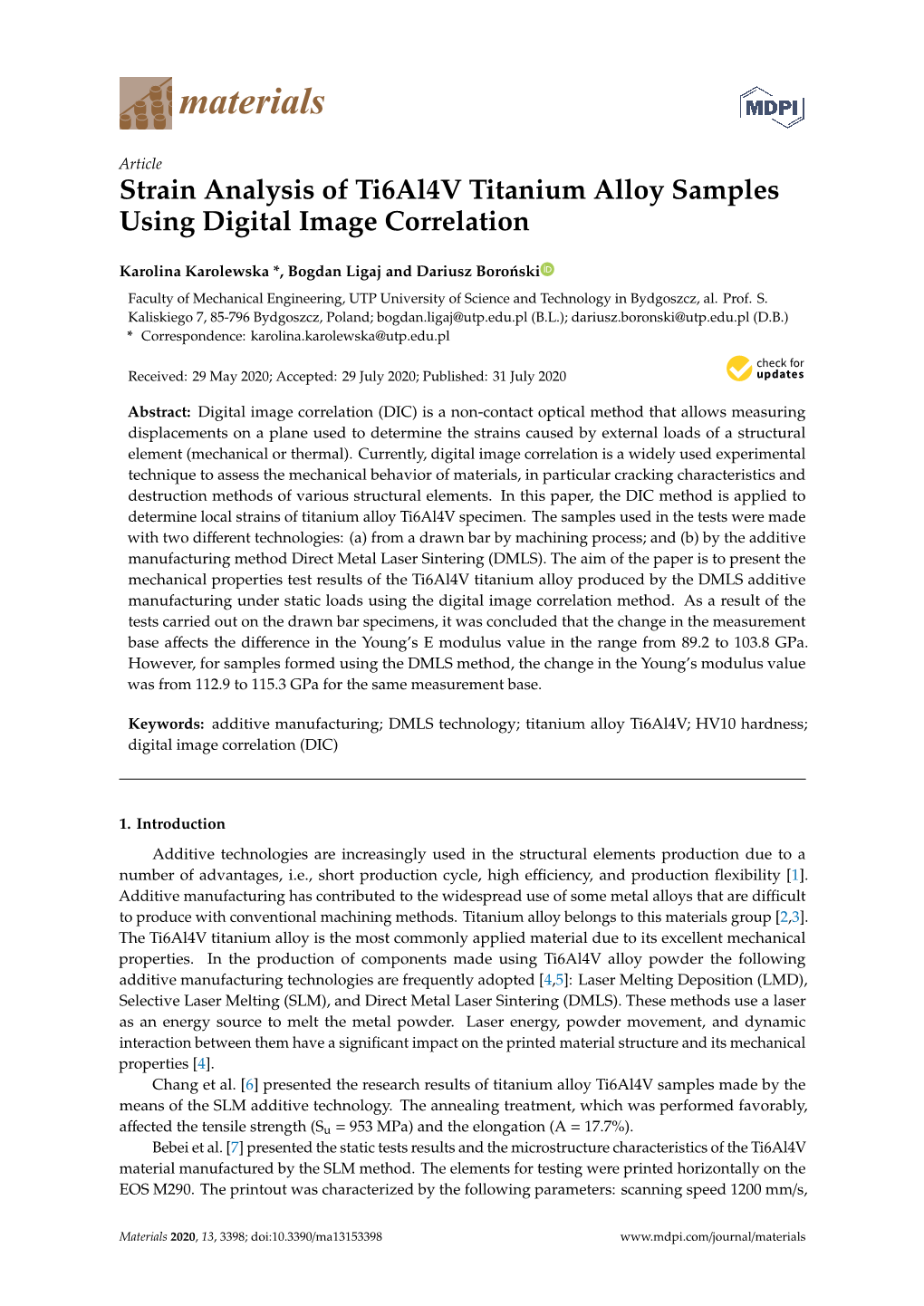 Strain Analysis of Ti6al4v Titanium Alloy Samples Using Digital Image Correlation
