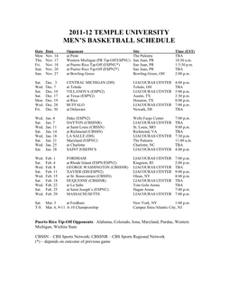 2011-12 Temple University Men's Basketball Schedule