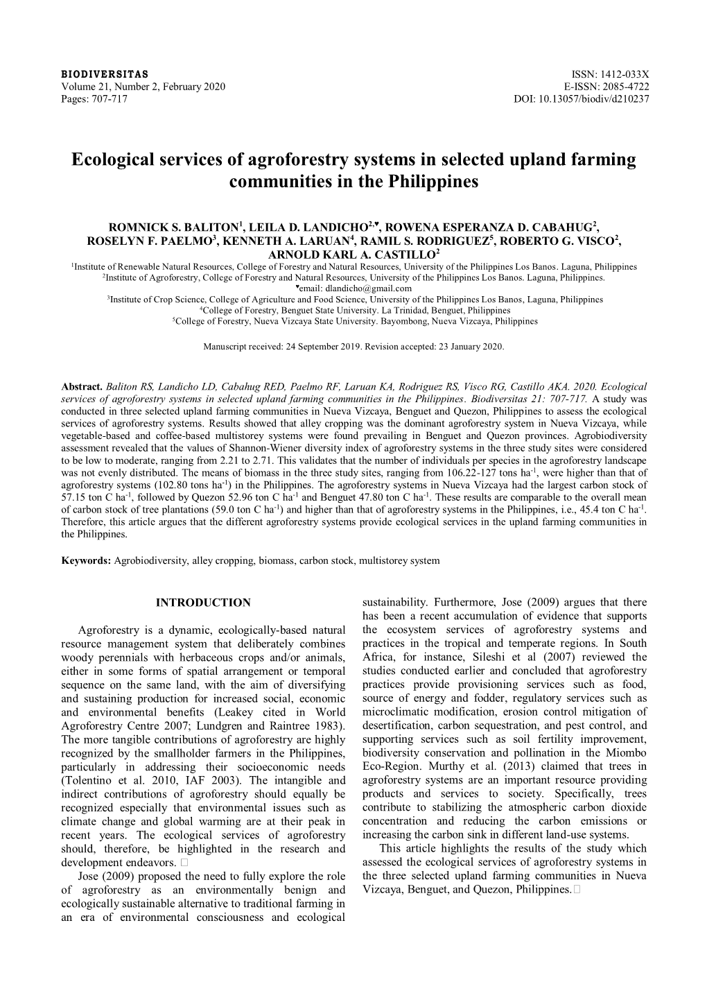 Ecological Services of Agroforestry Systems in Selected Upland Farming Communities in the Philippines