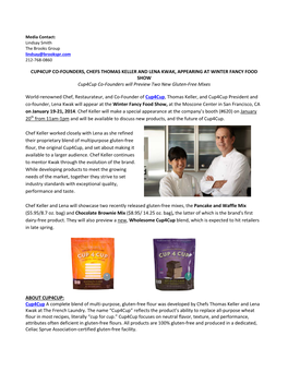 CUP4CUP CO-FOUNDERS, CHEFS THOMAS KELLER and LENA KWAK, APPEARING at WINTER FANCY FOOD SHOW Cup4cup Co-Founders Will Preview Two New Gluten-Free Mixes