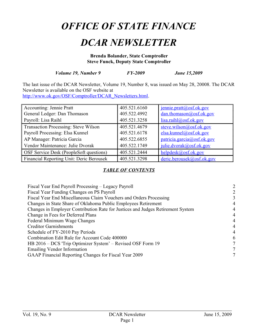 Office Of State Finance - DCAR Newsletter June 2009