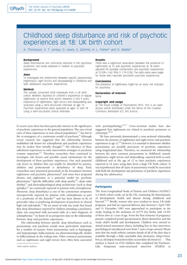 Childhood Sleep Disturbance and Risk of Psychotic Experiences at 18: UK Birth Cohort A