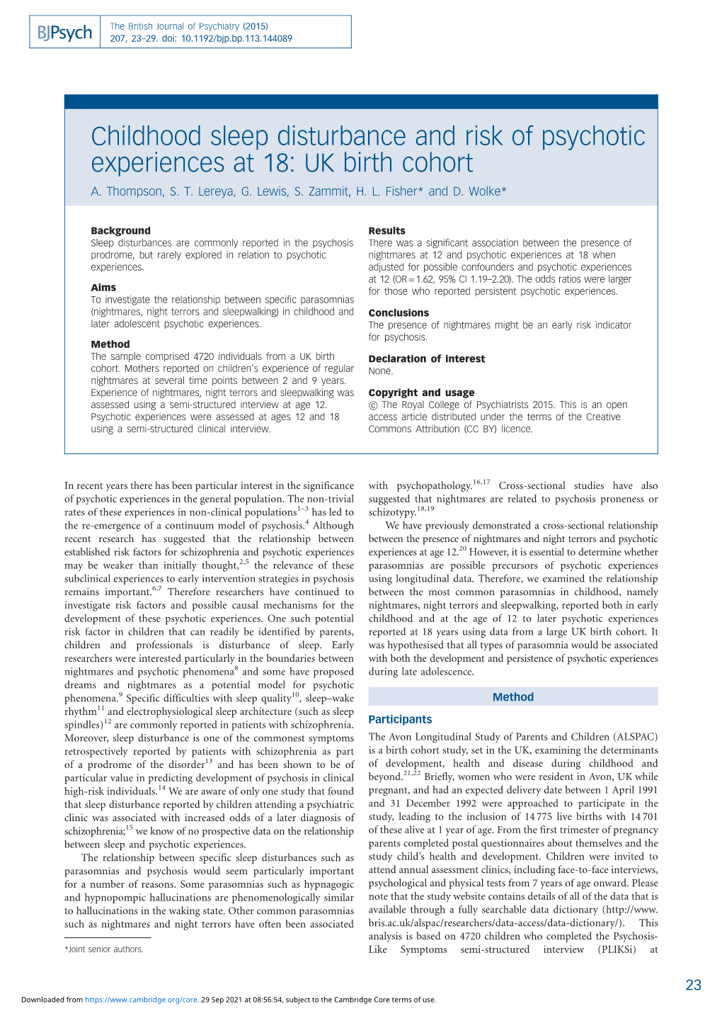 Childhood Sleep Disturbance and Risk of Psychotic Experiences at 18: UK Birth Cohort A