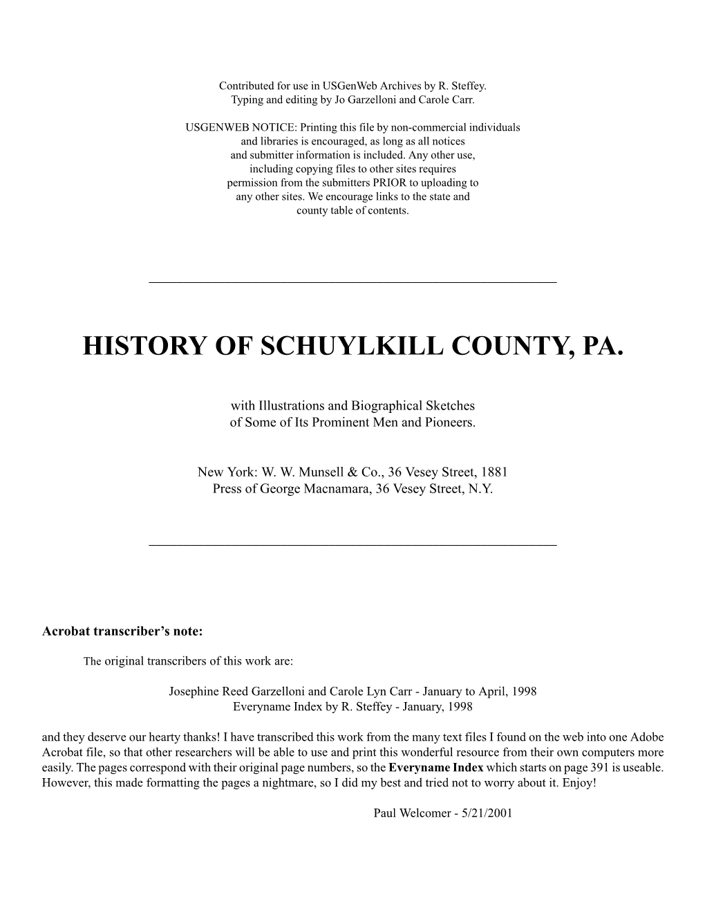 History of Schuylkill County, Pa