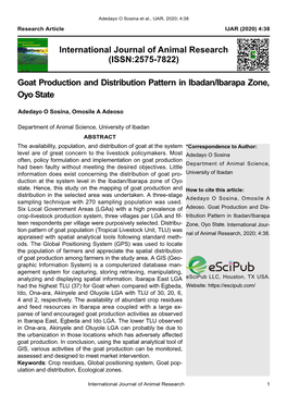 (ISSN:2575-7822) Goat Production and Distribution Pattern in Ibadan/Ibarapa Zone, Oyo S