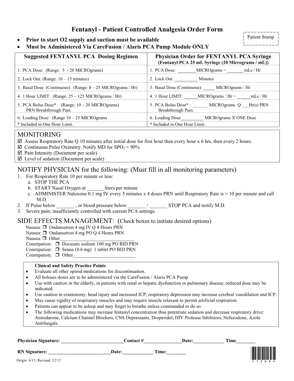Fentanyl - Patient Controlled Analgesia Order Form
