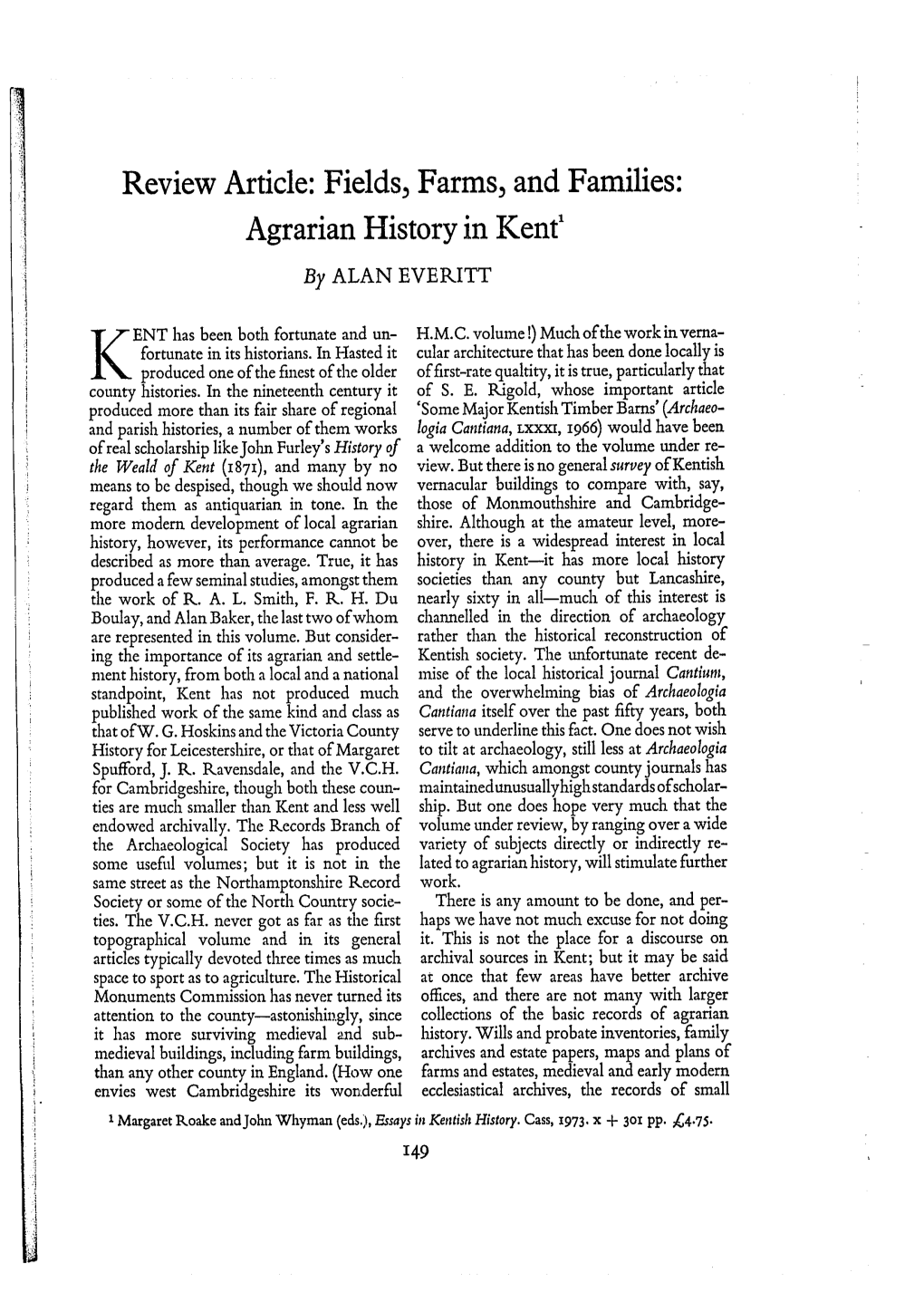 Review Article: Fields, Farms, and Families: Agrarian History in Kent 1 by ALAN V .P.ITT
