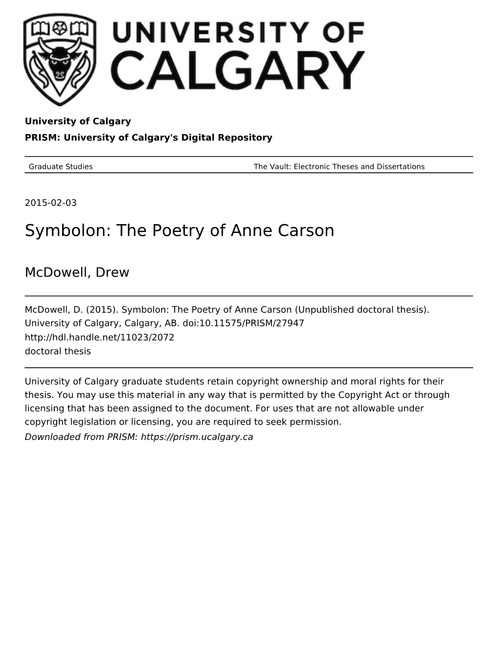 Symbolon: the Poetry of Anne Carson