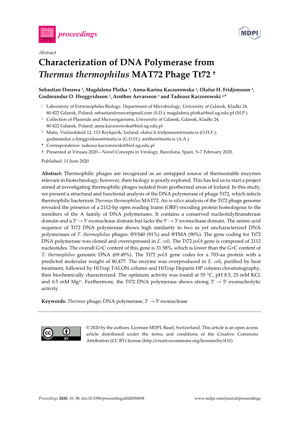 Characterization of DNA Polymerase from Thermus Thermophilus MAT72 Phage Tt72 †