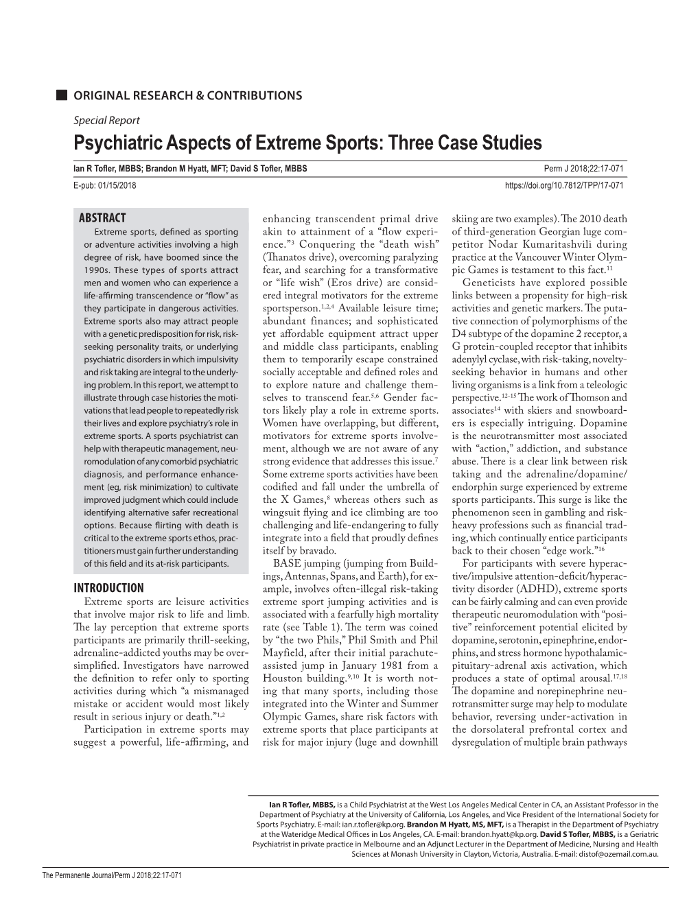 Psychiatric Aspects of Extreme Sports