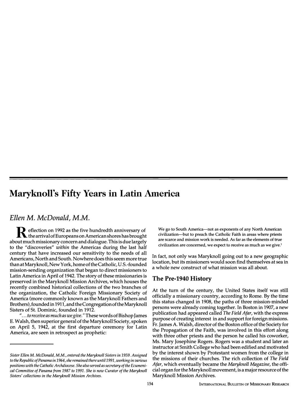 Maryknoll's Fifty Years in Latin America