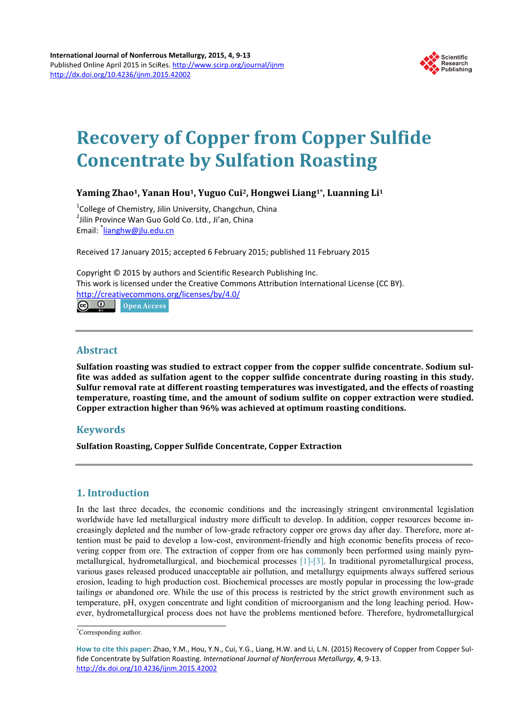 Recovery of Copper from Copper Sulfide Concentrate by Sulfation Roasting