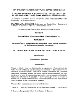 Ley Orgánica Del Poder Judicial Del Estado De Michoacán Última Reforma Publicada En El Periódico Oficial Del Estado, El 4 De