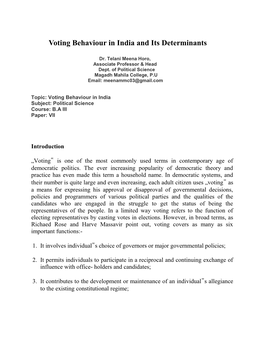 Voting Behaviour in India and Its Determinants