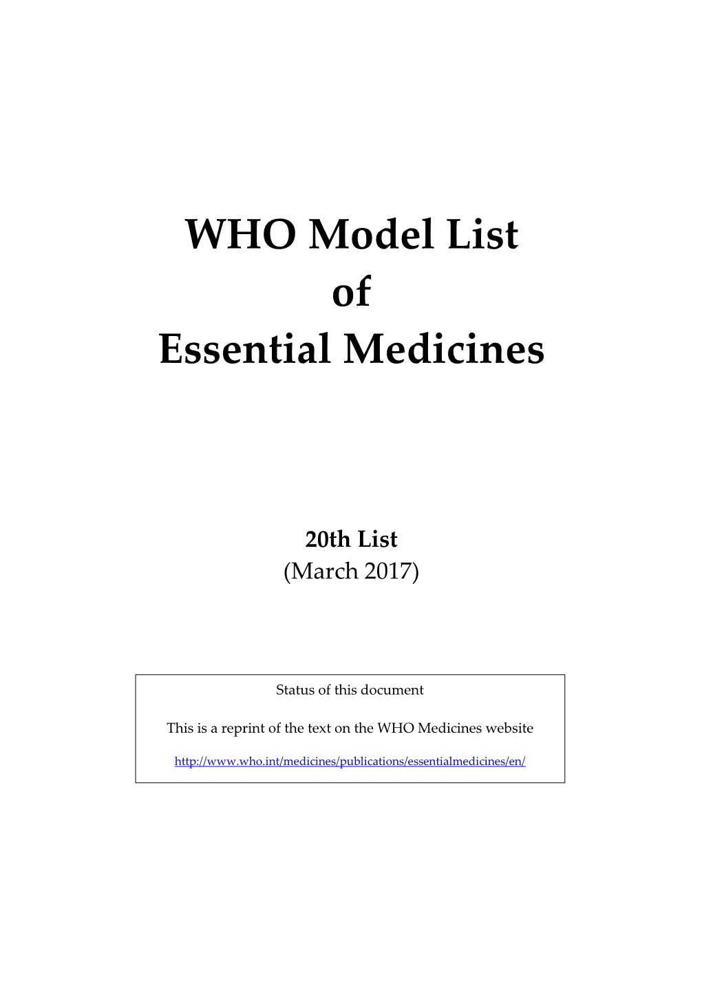 WHO Model List of Essential Medicines for 2017