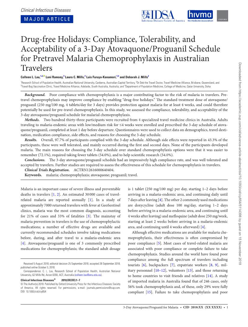 Drug-Free Holidays: Compliance, Tolerability, and Acceptability of a 3-Day Atovaquone/Proguanil Schedule